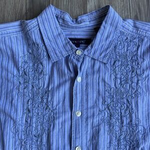 Y2K Synergy Mens Blue Striped Embroidered Long Sleeve Button Down Shirt 2XL